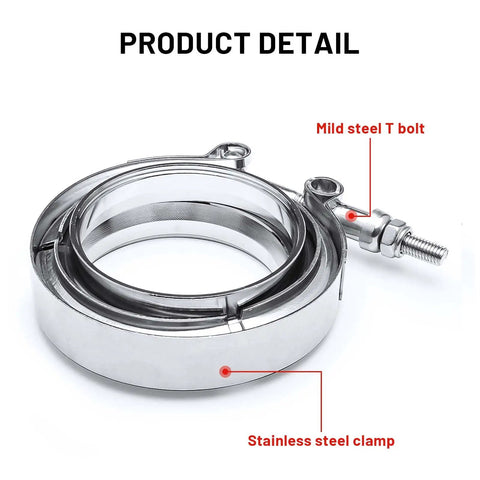 Close-up of 3 Inch Stainless Steel V Band Clamp Kit With Mild Steel Male And Female Flanges For Turbo Exhaust Downpipes And Racing Street