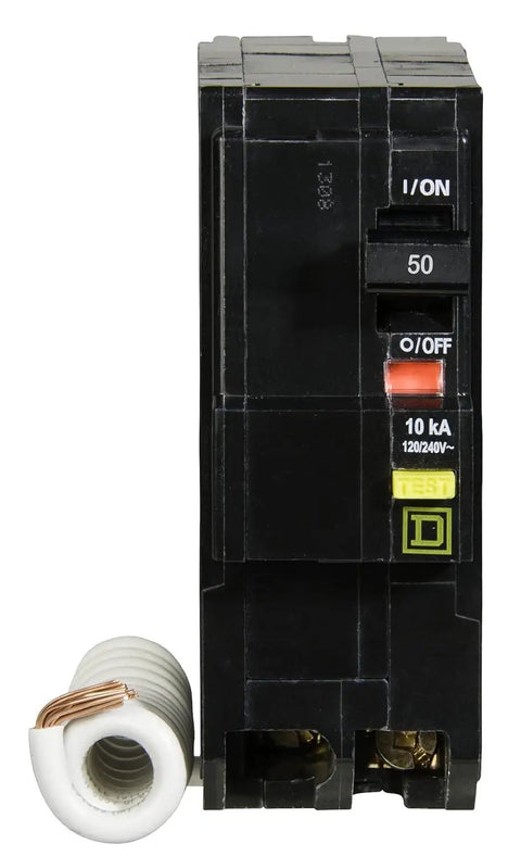 Front view of QO Qwik-Gard 50 Amp Two-Pole GFCI Circuit Breaker for Home Panels, Plug-On Design, Easy Install, 120/240V, 10,000 AIR