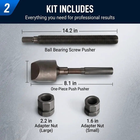 Heavy Duty Dual Wheel Separator Tool For Stuck Hub Removal components with ball bearing screw pusher and adapter nuts.