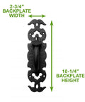 Black Iron Thumb Gate Latch With Rustic Antique Design showing backplate 2-3/4" width and 10-1/4" height dimensions