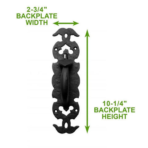 Black Iron Thumb Gate Latch With Rustic Antique Design showing backplate 2-3/4" width and 10-1/4" height dimensions