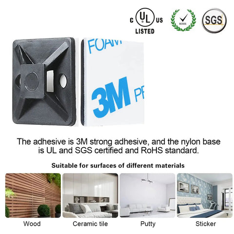 Heavy Duty Self Adhesive Zip Tie Mounts Kit Includes Eight Inch Zip Ties And Screws UV Protected Outdoor Sticky Wire Fasteners