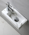 Compact White Ceramic Wall Mounted Sink For Small Bathrooms with chrome faucet, rectangular design, and marble pattern, overhead view