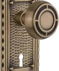 Craftsman Door Plate With Keyhole And Mission Knob Privacy Lock Set In Antique Brass Solid Brass Plates With Genuine Lead Crystal Knobs Two And Three Quarters Inch Backset Reversible For Restoration