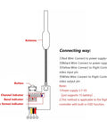 Wiring diagram for FPV All In One Camera With 5.8GHz 40CH 25mW Switchable Transmitter showing antenna, button, and connection instructions.