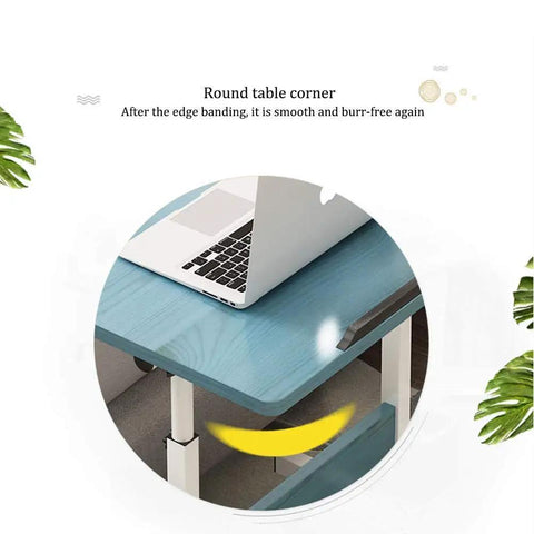 Close-up view of Height Adjustable Rolling Laptop Desk With Smooth Caster Wheels showing rounded corner for safety and sleek design.