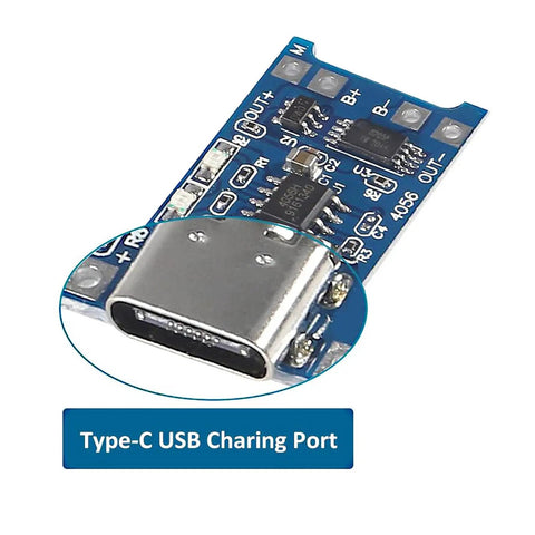 Slick TP4056 Type-C USB Charging Module For 18650 Lithium Batteries with a close-up of Type-C USB port.