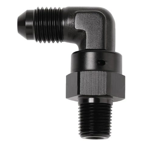 4AN Male Flare To 1 Eighth NPT Pipe Swivel Fitting Adapter Connector Aluminum Black High Flow Performance Pro Grade Anodized Aluminum Body Full Swivel Head For Easy Angle Adjustment 90 Degree For Liquid Or Gas Applications, 90-degree black aluminum fitting