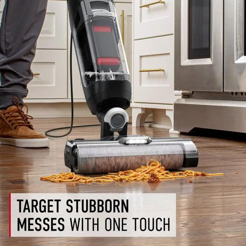 Corded Hard Floor Cleaner Machine Delivering No Sweat Washing And Vacuum In One Move with rotating brush on tiled floor.