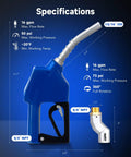 Automatic Fuel Nozzle Kit With Three Quarter Inch NPT Connection Auto Shut Off 360 Degree Hose Swivel, blue nozzle specifications