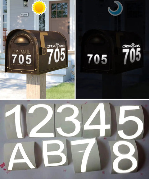 Reflective Outdoor Mailbox Numbers Set 0-9 Waterproof White Self-Adhesive displayed on mailbox and as decals
