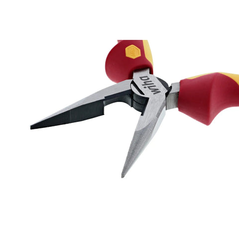 Close-up of Insulated Industrial Long Nose Pliers 6.3 Inch, Pro Grade Precision Grip with ergonomic cushion handles and slip guard design.