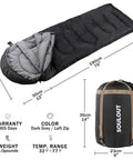All Season Sleeping Bag for Adults and Kids, Lightweight Yet Warm Cold Weather Camping Gear with dimensions and compression sack