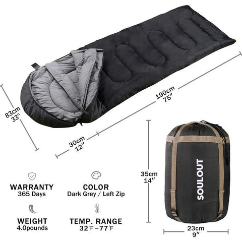 All Season Sleeping Bag for Adults and Kids, Lightweight Yet Warm Cold Weather Camping Gear with dimensions and compression sack