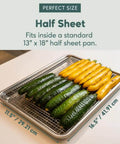 Heavy Duty Stainless Steel Cooling Racks Set Of 2 For Half Sheet Pans, shown with vegetables, tight wire, 1 inch height, fits 13x18 pan.