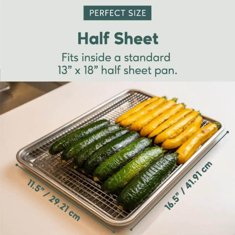Heavy Duty Stainless Steel Cooling Racks Set Of 2 For Half Sheet Pans, shown with vegetables, tight wire, 1 inch height, fits 13x18 pan.