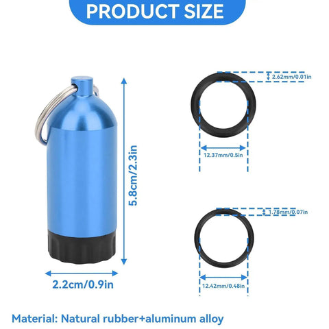 Mini Scuba Tank Key Ring Kit With Aluminum Alloy Frame, Brass O Ring Pick, And 12 O Rings For Regulators, Valves And Hoses, Portable Leak Proof Seal Maintenance Kit For Diving Gear Repair And Upkeep, shown with size dimensions.