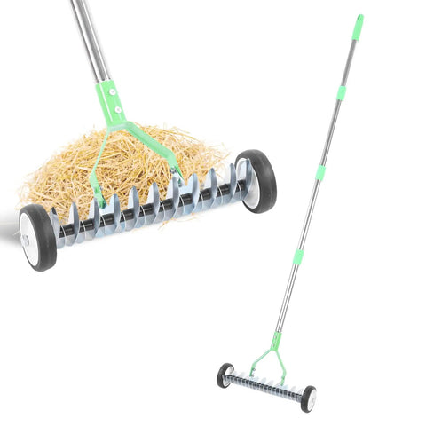 Wheeled Adjustable Thatch Rake For Lawn Care With Protective Gloves, Ergonomic dethatcher rake with rust resistant carbon steel head.