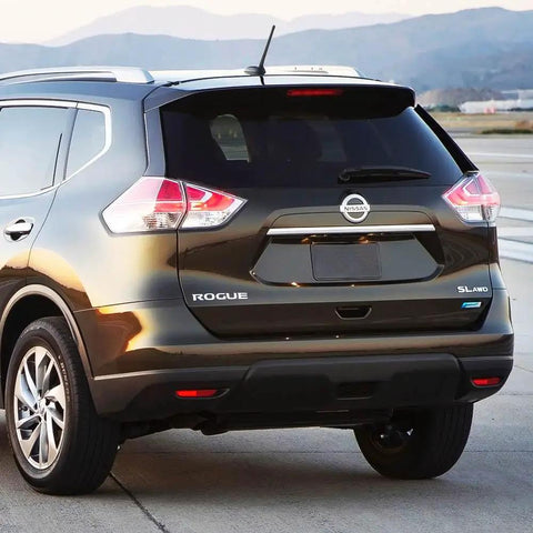 Flexible Rubber Roof Antenna Mast Replacement For Nissan Rogue car shown from rear angle in scenic outdoor setting.