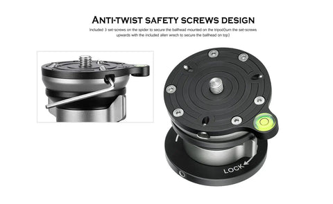 75mm Leveling Base For Tripod With Butterfly Lock Collar, 55 Lb Max Load, showing anti-twist screws and bubble level