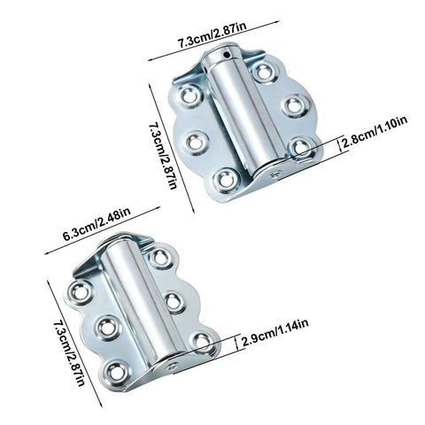 Solid As A Rock Self Closing Door Hinges 3 Piece Set Corrosion Resistant Zinc Springs with measurements displayed.
