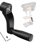Top Shelf Drill Press Crank Handle Replacement For Nine Sixteenths Inch Drive Shaft Six Inch Turning Radius Three Sixty Degree Free Swivel Feed Knob with black handle and metal attachment.