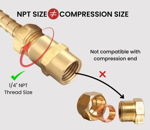 Side view of brass 1/4 in NPT female-to-female pipe fitting coupling with hex heads