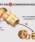 Close-up of Beefy Brass 1/4 Inch NPT Female To 1/4 Inch NPT Female Hex Head Pipe Fitting Coupler showing incompatibility with compression size.