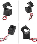 Split Core Current Transformer 100A Sensor with 16mm hole, clip-on design for 220V/380V systems, shown open with red and black wires.