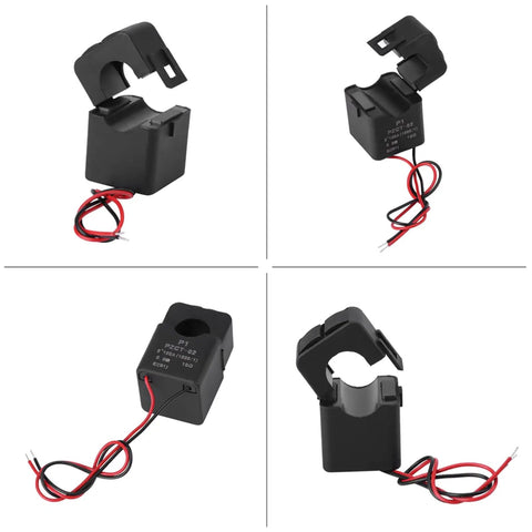 Split Core Current Transformer 100A Sensor with 16mm hole, clip-on design for 220V/380V systems, shown open with red and black wires.