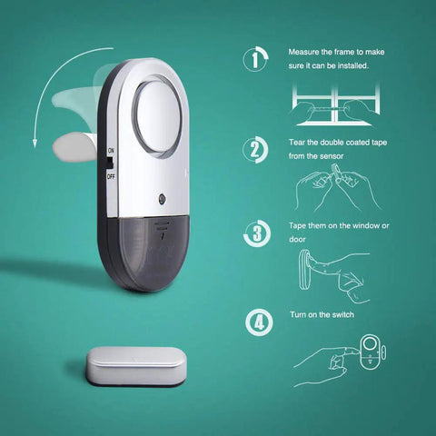 120 dB Door And Window Alarm Sensor Kit 3 Pack for Home Safety and Kids with installation steps and adhesive mounting shown