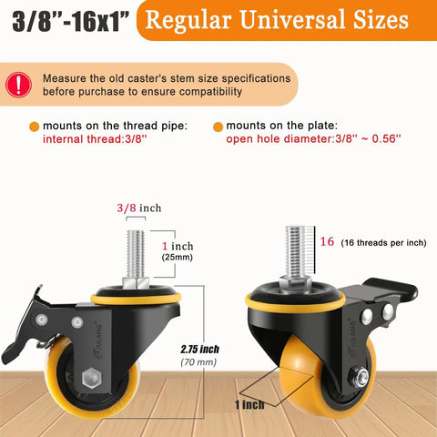 3/8"-16" universal caster wheel dimensions for Top Shelf Two Inch Caster Wheels With Dual Locking Mechanism And Pedal Brake Swivel Casters.