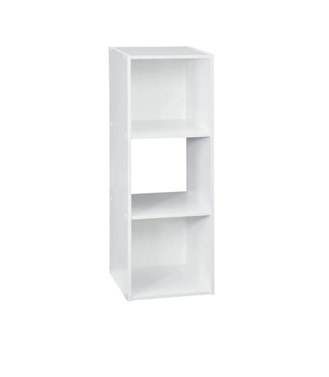 Three Cube Storage Organizer Bookshelf For Books And Decor, Display Unit With Vertical Or Horizontal Setup, White wood construction