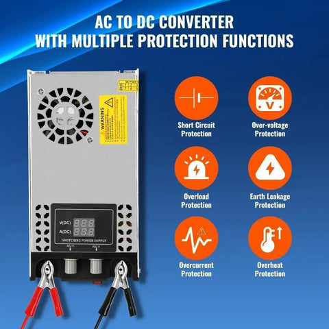 Adjustable Dc Bench Power Supply Pumping Out 0 To 12 Volt And 0 To 50 Amp With A Smooth 600 Watt Switching Build, showcasing protection features.