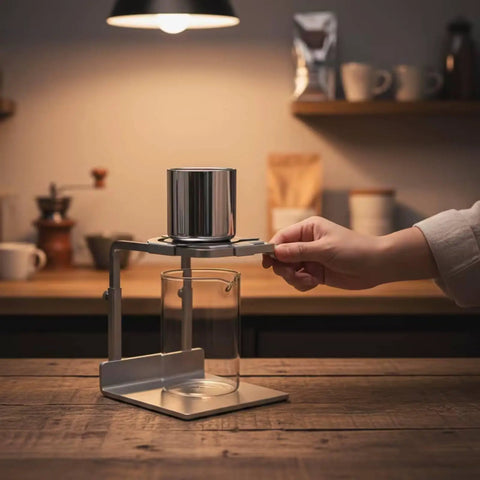 Minimalist Silver Finish Pour Over Coffee Dripper With Solid Metal Base, user handling the reusable brewer in a kitchen setting.