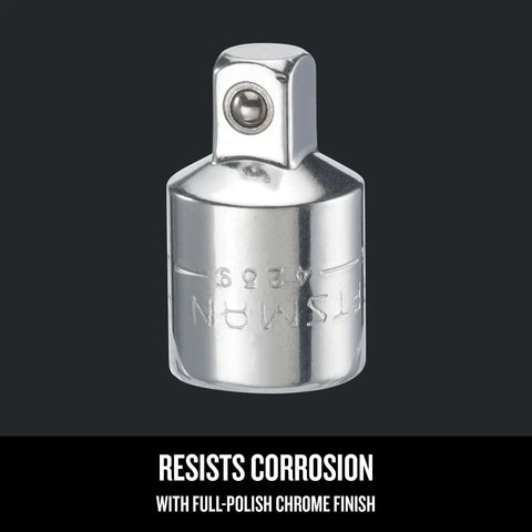 Three Eighths To One Half Inch Socket Adapter For One Half Inch Drive, Female To Male, Chrome Plated And Corrosion Resistant