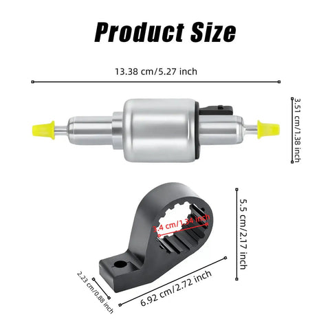 Heavy Duty 12V Diesel Heater Fuel Pump 22ml Flow With Sturdy Bracket dimensions shown with precise measurements in cm and inches.