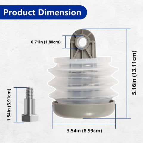 Toilet pump bellows kit with bolt and bushing; white accordion bellows and gray mounting hub