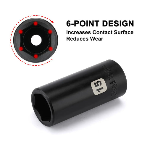Close-up of a 15mm socket with 6-point design from the 50 Piece 1 Quarter Inch Drive Master Heavy Duty Impact Socket Set For SAE And Metric