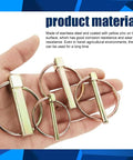 Hand holding Beefed Up Heavy Duty Lynch Pin Set for 3 Point Hitch Pins 3 Sixteenth Inch Round Locks with zinc plating.