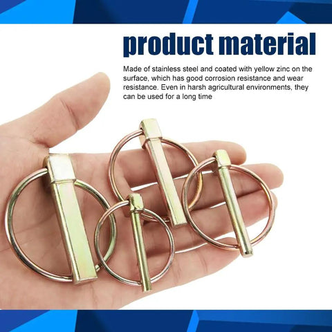 Hand holding Beefed Up Heavy Duty Lynch Pin Set for 3 Point Hitch Pins 3 Sixteenth Inch Round Locks with zinc plating.