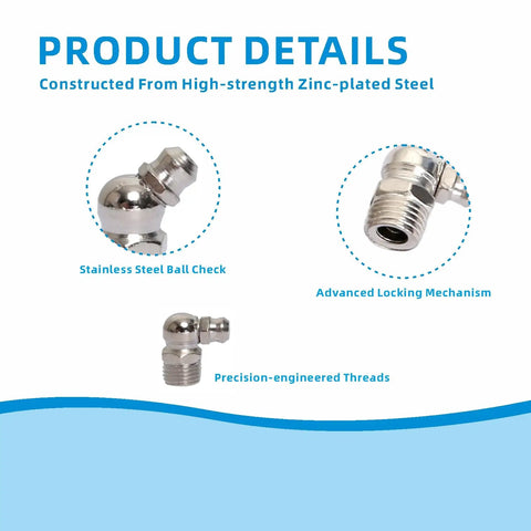 Detailed view of zerk nipples from Nifty 84 Piece Metric Grease Fittings Kit with advanced locking and precision threads