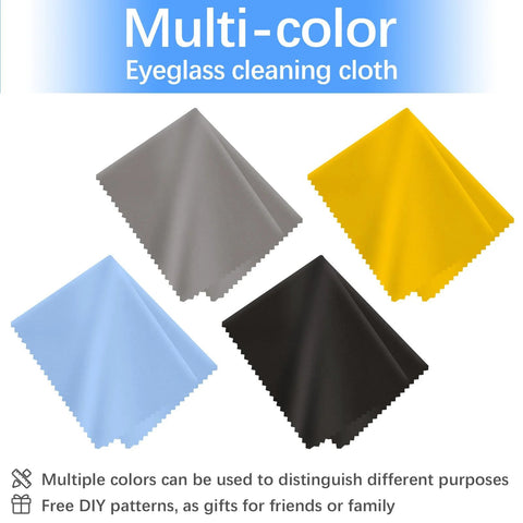 Multicolor microfiber eyeglasses cleaning cloths, 6x7 inches, assorted gray, blue, yellow, and black