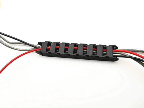 Black Reinforced Nylon Drag Chain Cable Carrier for CNC machines, 1 meter, shown with cables, internal size 10x15 mm, R18 bend radius