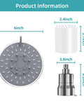 Filtered Shower Head With Five Modes And High Pressure 15 Stage Hard Water Filtration To Remove Chlorine And Harmful Substances For An Easy Breezy, Cleaner, Softer Shower In Black shown with measurements of 6 inches for the head, 2.4x2.7 inches for the filter, and 3.8x6.2 inches for the adapter.