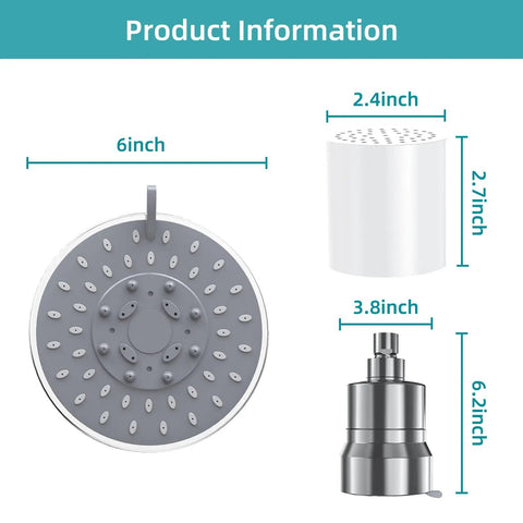 Filtered Shower Head With Five Modes And High Pressure 15 Stage Hard Water Filtration To Remove Chlorine And Harmful Substances For An Easy Breezy, Cleaner, Softer Shower In Black shown with measurements of 6 inches for the head, 2.4x2.7 inches for the filter, and 3.8x6.2 inches for the adapter.