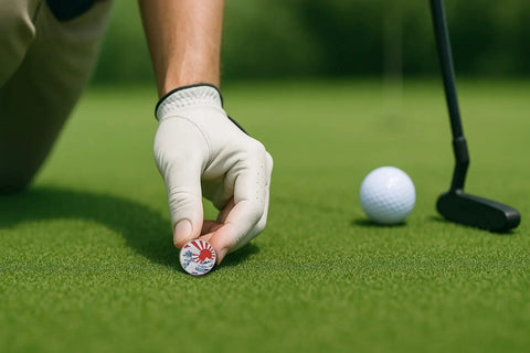 Golfer placing Ukiyoe Wave Golf Ball Marker with Magnetic Hat Clip Made From Zinc Alloy Durable Accessory For Golfers on green