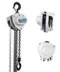 Front view of TOYO 1-ton manual chain hoist with gray housing, black top hook and hanging steel chain.