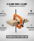 Heavy Duty Orange Iron G-Clamp For Woodworking And Diy Projects holding wooden pieces securely during assembly, 1-inch adjustable size.