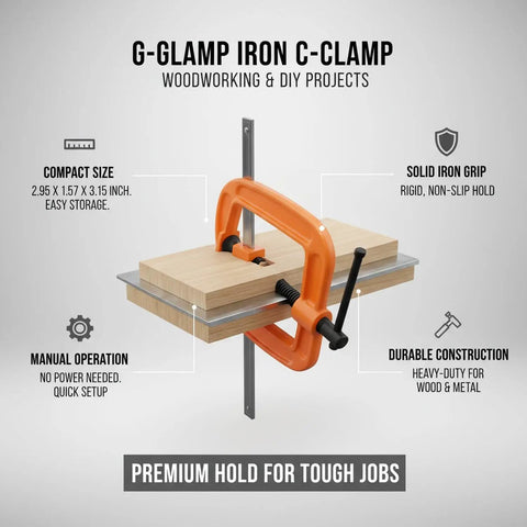 Heavy Duty Orange Iron G-Clamp For Woodworking And Diy Projects holding wooden pieces securely during assembly, 1-inch adjustable size.